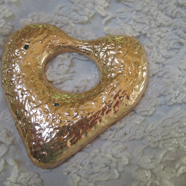 Gorgeous Huge Textured Heart  3" across Gold Tone "Hole in My Heart" Vintage Supply