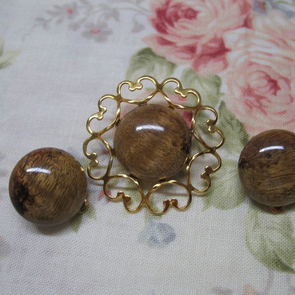 Vintage Myrtle Wood Brooch and Earring Set Boho Gypsy Cottagecore Natural Element