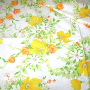 Vintage 1970s Wildflower Floral Twin Flat Sheet: JC Penny ~ California Poppies & Daisies Yellow and Orange on White