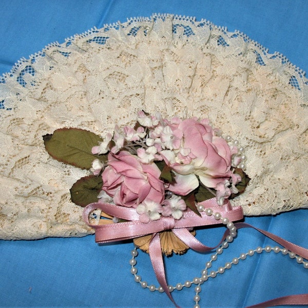 Vintage Handmade Decorative Fan Upcycled Bamboo & Paper Shabby Chic Lace and Silk Roses