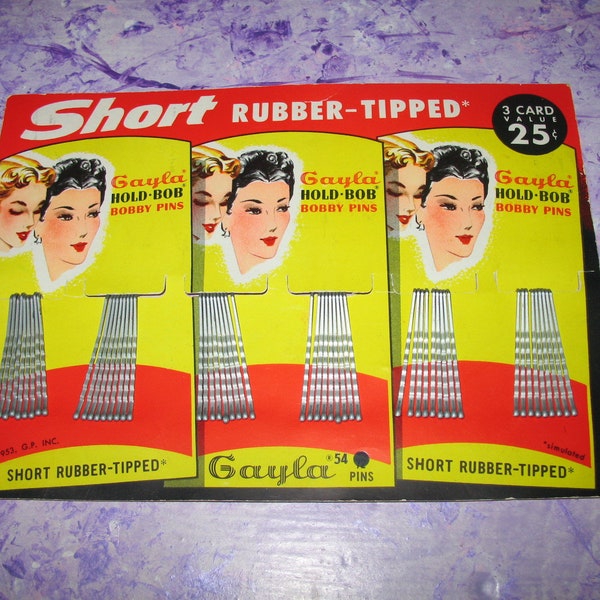 Vintage Bobby Pins Gayla Ringlet-Bob Pins Hair Style Graphic 1950's  Vanity Collectible Original Card NOS Orig Price 25 cents