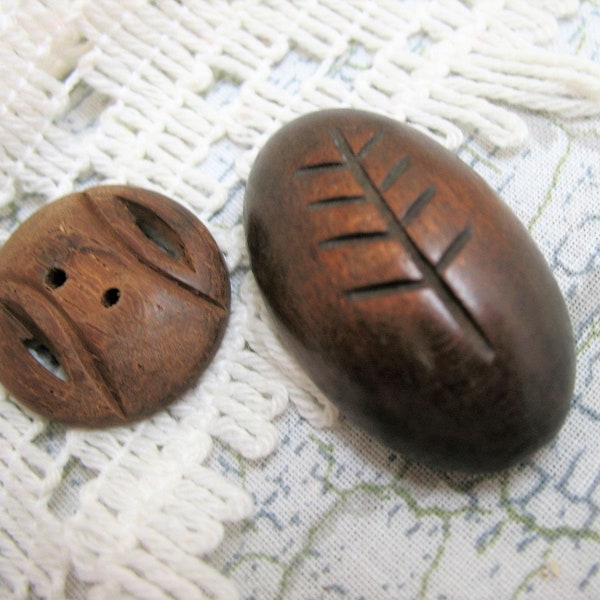Vintage Buttons Lot of 2 Fancy Carved Wood Sewing Buttons Slow Stitching Junk Journal Crafts Shadow Box