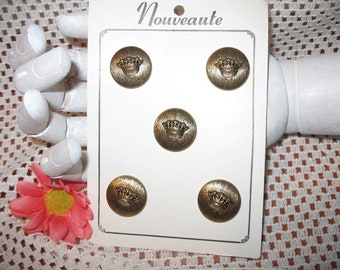 Vintage Button Card with Original Gold Metal Blazer Buttons with Crowns Set Sewing Collectible Junk Journal Crafts Jewelry Making