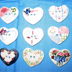 Vintage Ceramic Heart Buttons hand painted Set of 9 each has different design Country Farm House Shabby Chic Cottage Crafts Sewing