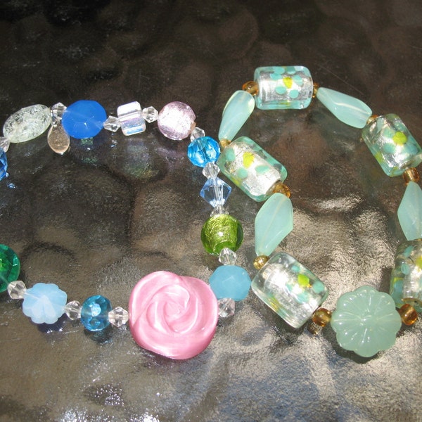 2 Vintage Gorgeous Stretch Bracelet  Boho Gypsy 1980's Retro Find Restring Glass and Acrylic Beads