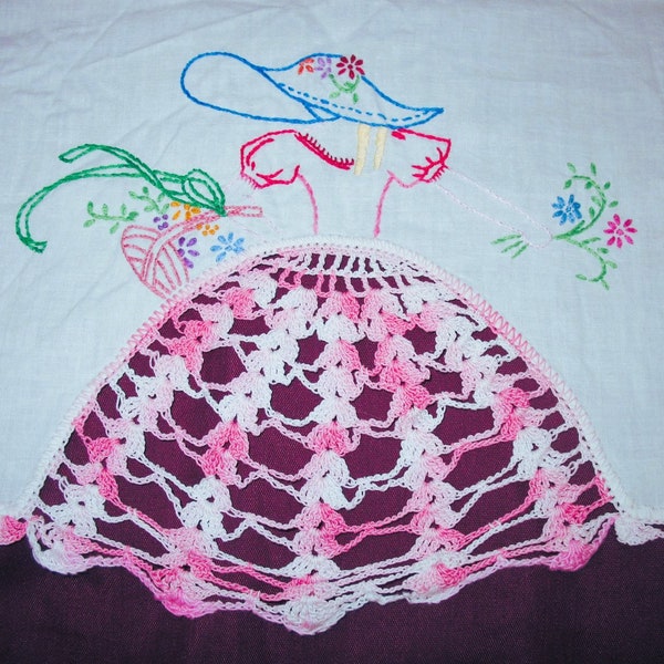 Vintage Pink Crinoline Lady Embroidered Table Runner Crochet Edge 1950's Retro Cottage Shabby Chic Farm House  15" x 33"