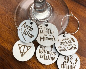 Harry Potter-Inspired Wood Drink Charms | Set of 6 Laser-Engraved Funny Harry Potter Wine Charms | Great Wine Gift or for Girls Night