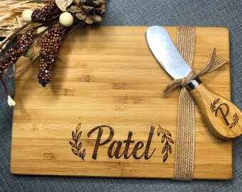 Custom Last Name Engraved Cheese Board (8"x5.5") and Knife Set great for gift giving hostess, wedding, fun