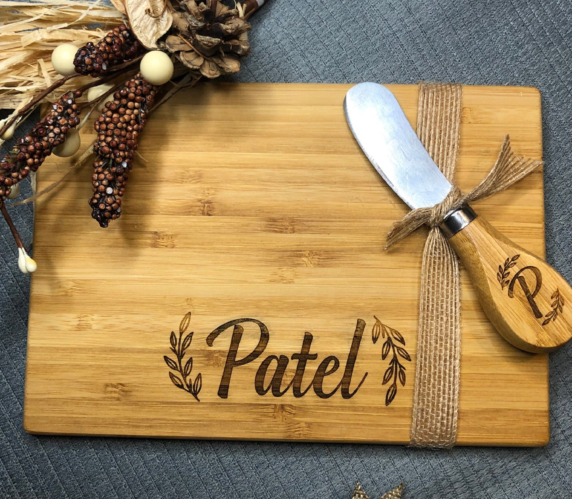 Personalized, Engraved Cheese Board with Modern Initial and Names for