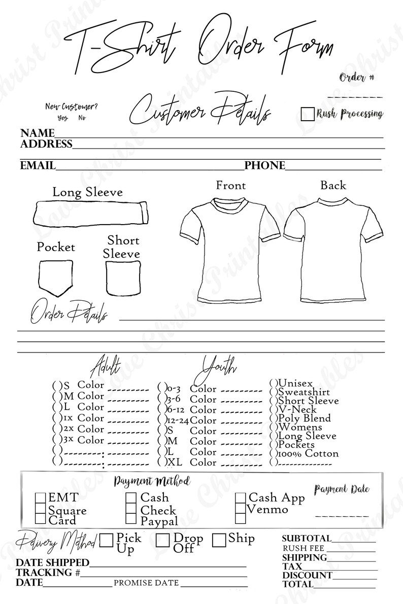 Clothing order form shirt order form Order Form shirt order Etsy