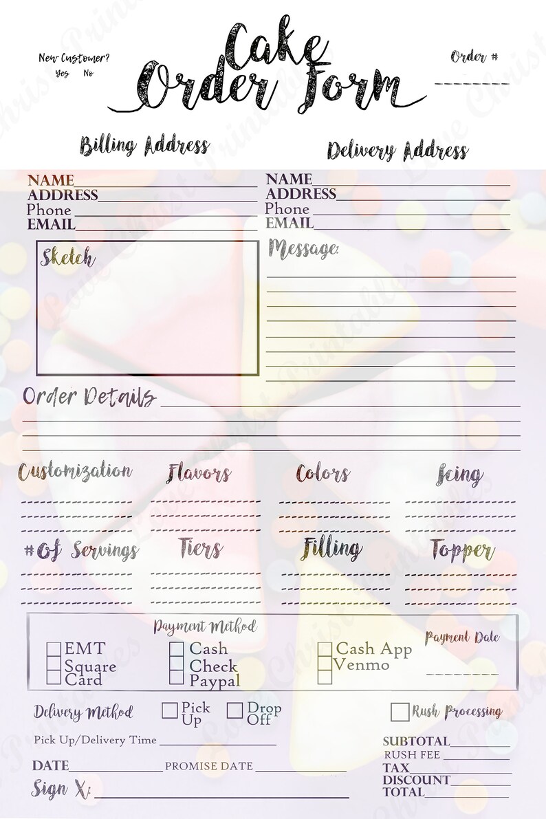 Cake Order Form Bakery Order Form Order Form Printable Etsy