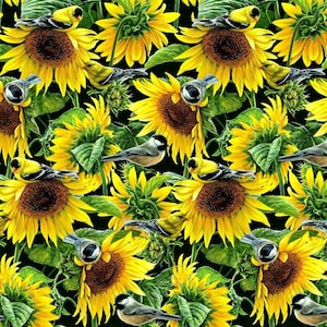 Sunflower Fabric, Fall Sunflower Fabric, Floral Cotton Sunflowers, David Textile Fabric, Sunflower Quilting, Gifts For Quilters, Bird Fabric