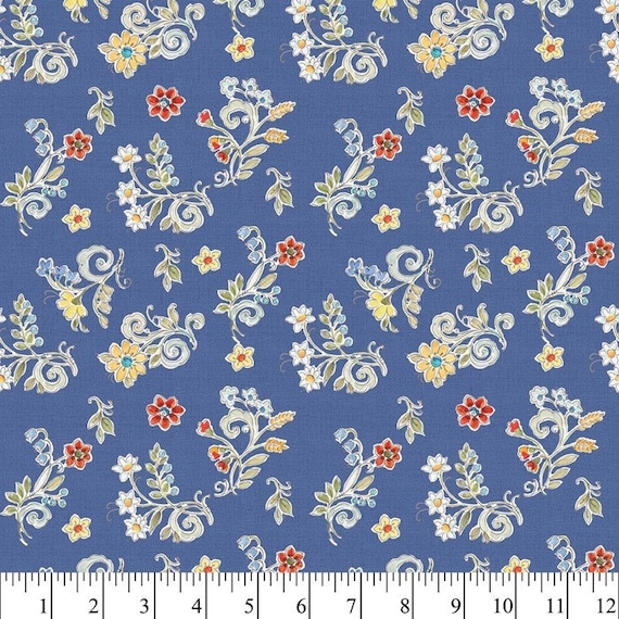 Blue Floral Fabric, Blue Red Yellow Floral Fabric, Ditsy Print Fabric, Daisy Material, Floral Quilting, Rag Quilting Material, Modern Quilt