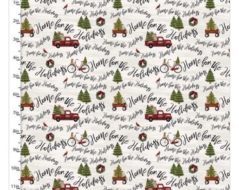 Home For The Holidays Fabric, Red Trucks & Christmas Trees, Winter Truck Material, Winter Holiday Fabric, Farmhouse Christmas Fabric, Quilt