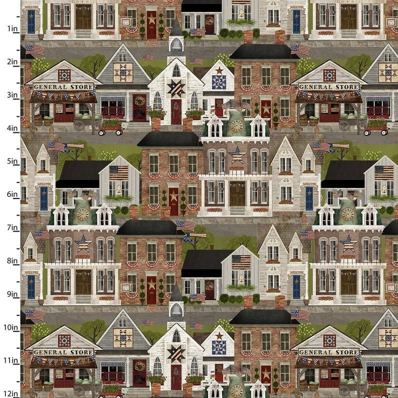 May include: A repeating pattern of red, white, and blue houses with stars and stripes. The houses are decorated with wreaths, flags, and flowers. The text "GENERAL STORE" appears on some of the houses.