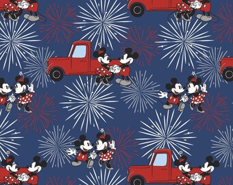 Micky Mouse Fabric, Minnie Mouse Fabric, Micky & Minnie Material, Patriotic Micky Mouse, 4th Of July Fabric, Americana Fabric, Red Truck