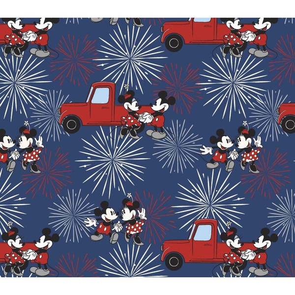 Micky Mouse Fabric, Minnie Mouse Fabric, Micky & Minnie Material, Patriotic Micky Mouse, 4th Of July Fabric, Americana Fabric, Red Truck