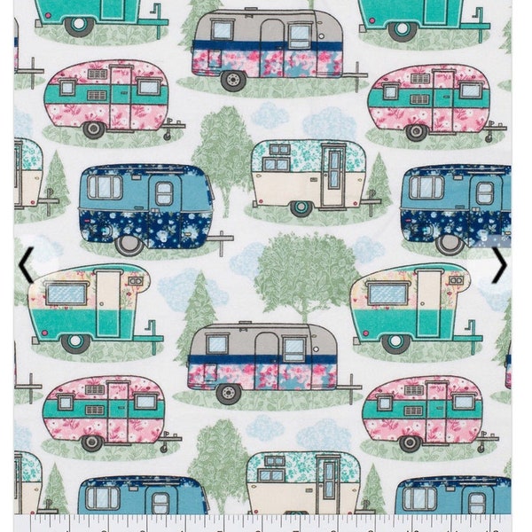 Camping Fabric, Camper Fabric, Vintage Camping Decor, Modern Quilting, Flannel Quilting, Camping Quilting, Gift For Quilters, Retro Trailers