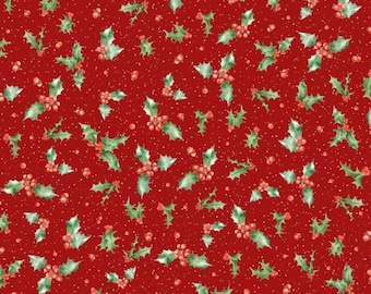 May include: A festive red background with a repeating pattern of green holly leaves and red berries. Small white dots are scattered throughout the design, creating a wintery or Christmas theme. The pattern is suitable for fabric or wrapping paper.