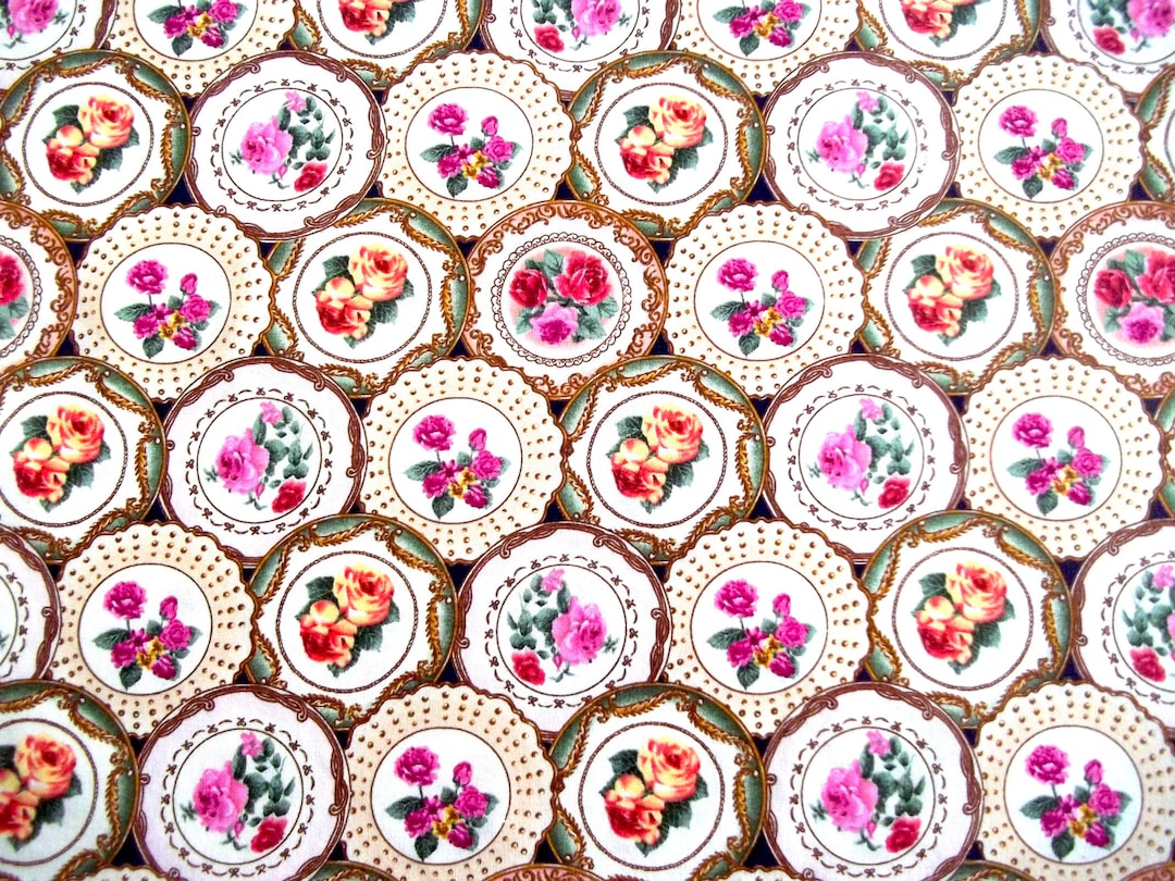 Timeless Treasures Fabric, Floral Dish Fabric, Pink Roses Fabric, Pink ...