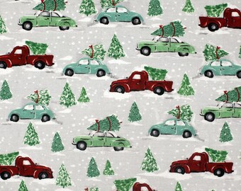 Christmas Red Truck Fabric, Christmas Truck Fabric, Red Truck Fabric, Christmas Flannel, Flannel Fabric By The Yard, Rag Quilt Fabric, RTS