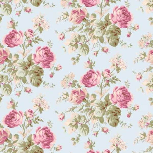 Blue Cabbage Roses Fabric, Shabby French Roses Fabric, Blue Rose Cotton, Fabric By The Yard Cotton Floral, Fabric For Cottage Projects, RTS