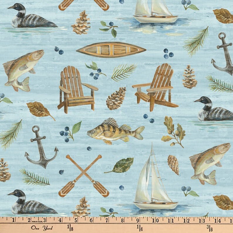 Camping Quilting, Camper Material, Woodland Camping Fabric, Lodge Cabin Quilting, Woodland Fabric, Wildlife Material, Mountain Lodge, Fish
