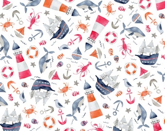 Whimsical Pirate Fabric, Nautical Quilting Fabric, Fabric By The Yard, Sea Creature Quilting Fabric, Ocean Creature Material, Lighthouses
