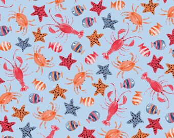 Sea Creature Quilting Fabric, Under The Sea Material, Lobster Crabs Starfish Fish, P & B Fabric Ahoy Baby, Fabric Gift For Beach Lovers, RTS