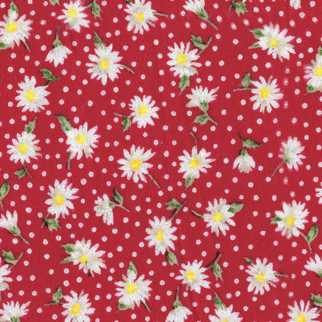 Daisy Fabric, Floral Quilting Fabric, White Daisy Material, Red Daisy Fabric, Modern Quilting
