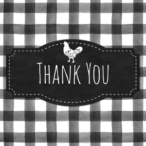 May include: Black and white checkered background with a black sign that says "THANK YOU" and a white silhouette of a chicken with flowers on it.