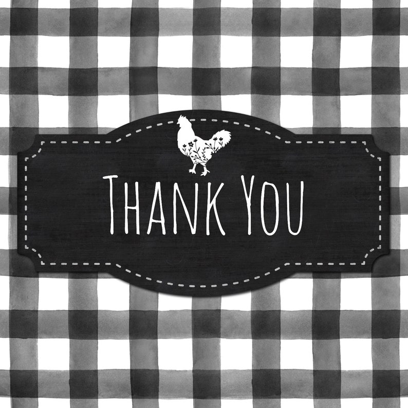 May include: Black and white checkered background with a black sign that says "THANK YOU" and a white silhouette of a chicken with flowers on it.