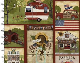 Primitive Americana, Patriotic Fabric, Camping Fabric, Americana Fabric, Retro Trailers, Vintage Camping Decor, Patriotic Summer Fabric, RTS