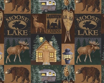 Cabin Fabric, Lodge Cabin Decor, Moose Fabric, Bear Fabric, Woodland Camping, Cabin Camping, Mountain Lodge, Deer Fabric, Moose Lake, Trees