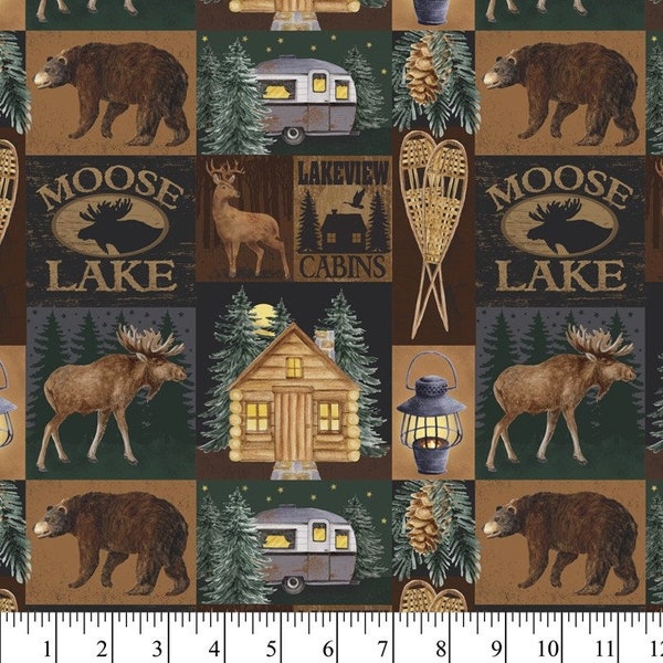 Cabin Fabric, Lodge Cabin Decor, Moose Fabric, Bear Fabric, Woodland Camping, Cabin Camping, Mountain Lodge, Deer Fabric, Moose Lake, Trees