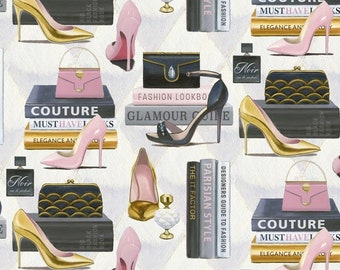 Paris Fabric, Book Fabric, Pink & Black Shoes, Paris Material, Perfume Material, Floral Paris Fabric, Pink And Black Fabric, Purse Fabric