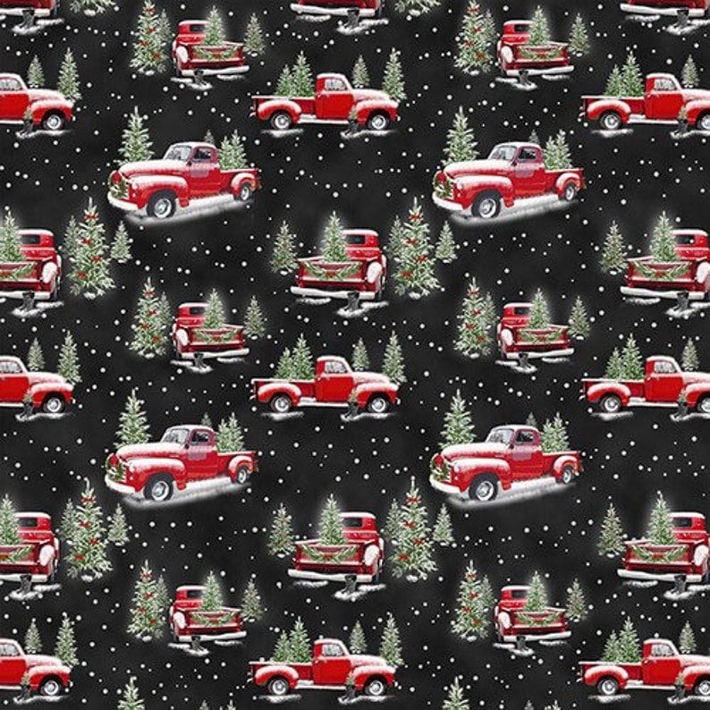 Red Truck & Christmas Trees, Red Truck Fabric, Farmhouse Christmas Fabric, Black And Red Christmas Fabric, Winter Truck Material, Quilting