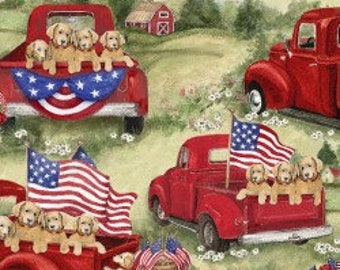 Red Truck Fabric, Puppy Fabric, 4th Of July Material, Americana Fabrics, Patriotic Fabric, Classic Red Trucks, USA Material, Flag Material