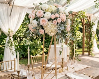 Gold Geometric Flower Stands - 27.5" Tall Heavy-Duty Metal Column Vase for Wedding Table Centerpieces & Event Decorations