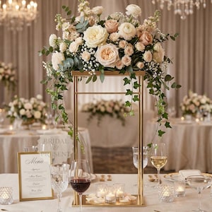 May include: A gold metal floral stand with a rectangular top and base, holding a large arrangement of white and peach roses, greenery, and small white flowers. The stand is decorated with trailing ivy. A menu and wine glasses are in the foreground.