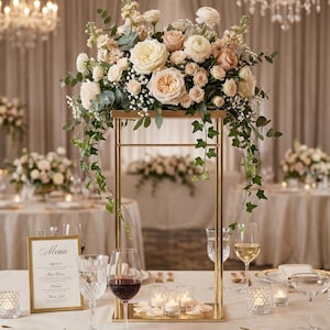 Gold Rectangular Wedding Centerpiece Stand - Tall Heavy-Duty Metal Floral Riser for Long Table Decorations (32" or 40" Height)