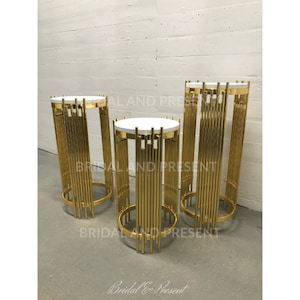 New! Set of 3 PCs Plinths- Gold Round Metal Plinths Wedding Backdrop Stand Columns Cylinders Baby shower Party metal dessert table pillar