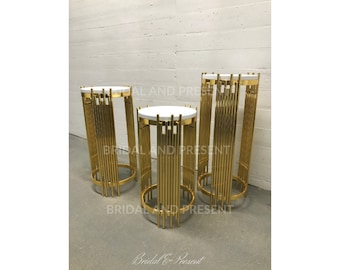 New! Set of 3 PCs Plinths- Gold Round Metal Plinths Wedding Backdrop Stand Columns Cylinders Baby shower Party metal dessert table pillar