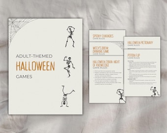 May include: A set of printable Halloween game rules for adults. The games include Spooky Charades, Halloween Pictionary, Witch's Brew: Drinking Game, Halloween Trivia: Night of Knowledge, and Potion Flip. The rules are illustrated with skeletons in various poses.
