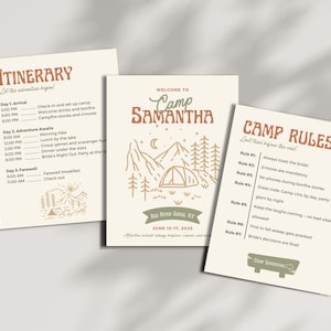 Conjunto de convites para despedida de solteira em acampamento | Modelo editável do Canva | Roteiro e regras de fim de semana