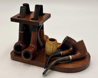 Vintage Set of 7 Wooden Pipes with Holder