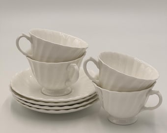 Vintage Royal Doulton White Swirl Tea Cups And Saucers-Set of 4