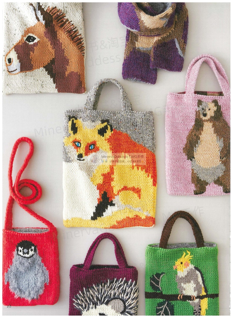 kni100 japanese knitting ebook includes crochet, knit animal patterned bags, knit colorful bags, instant download or receive via email image 6