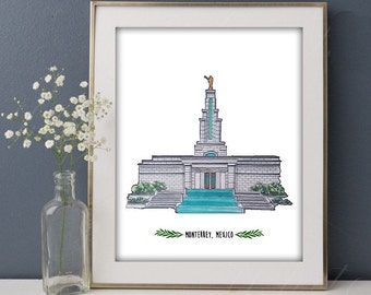 Monterrey Mexico LDS Temple Watercolor Painting Digital Download