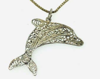 Vintage 1920s Art Deco Unique Sterling Silver Filigree Dolphin Pendant Necklace 20&quot; Box Chain, Figural Dolphin Pendant, Sea Life Pendant